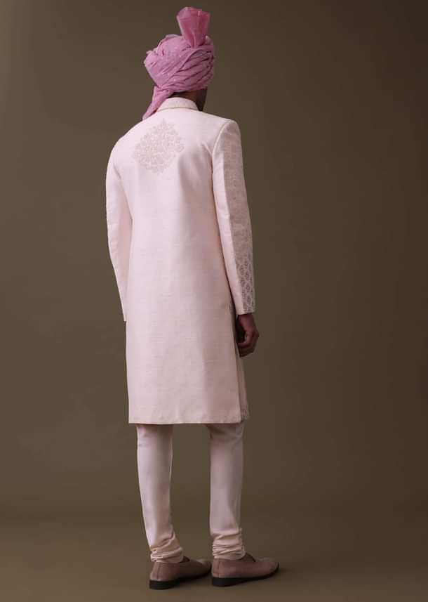 Baby Pink Sherwani Set In Raw Silk With Thread Work And Moti Embroidery