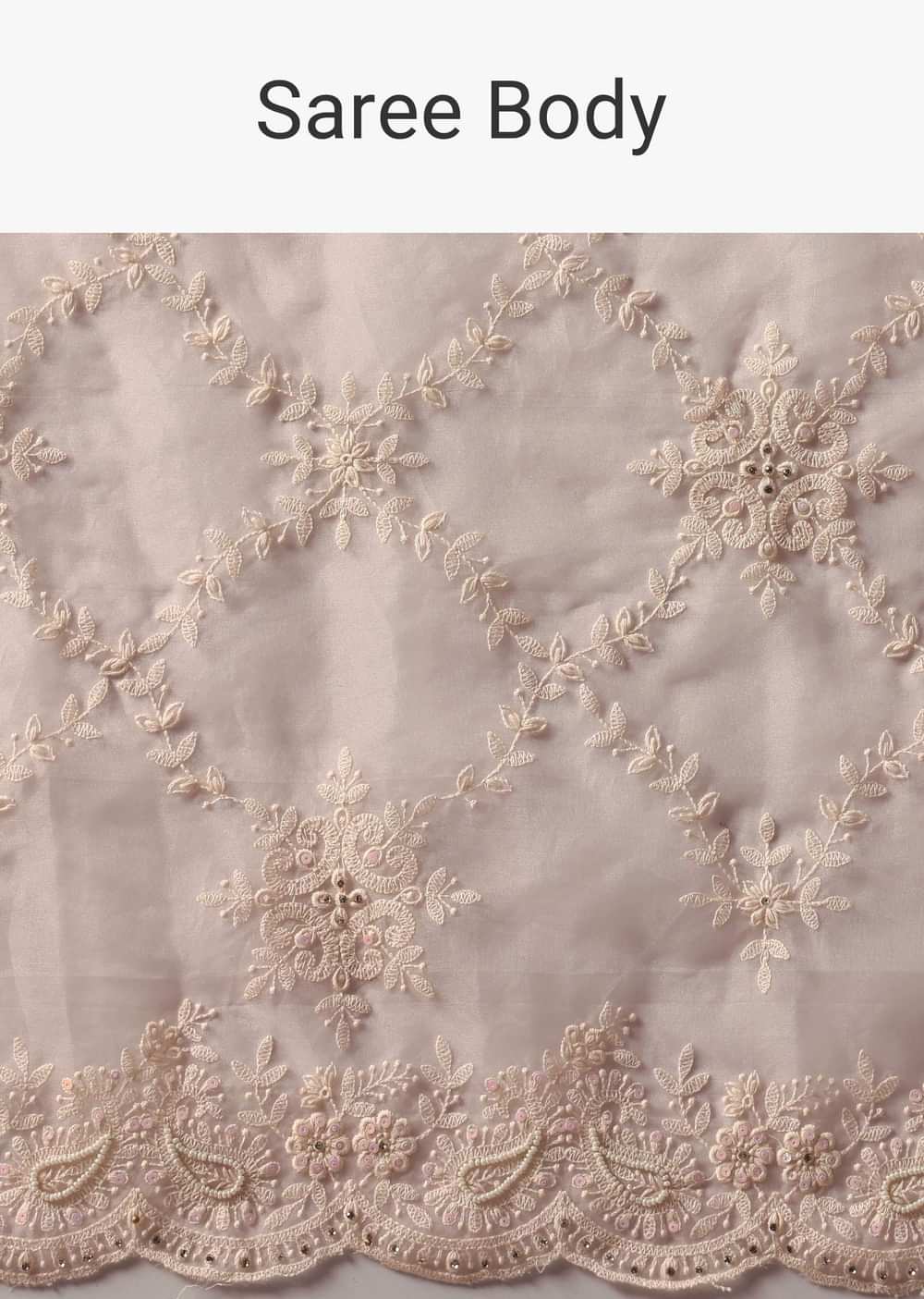 Baby Pink Chikankari Organza Silk Saree With Scallop Border And Unstitched Blouse Fabric