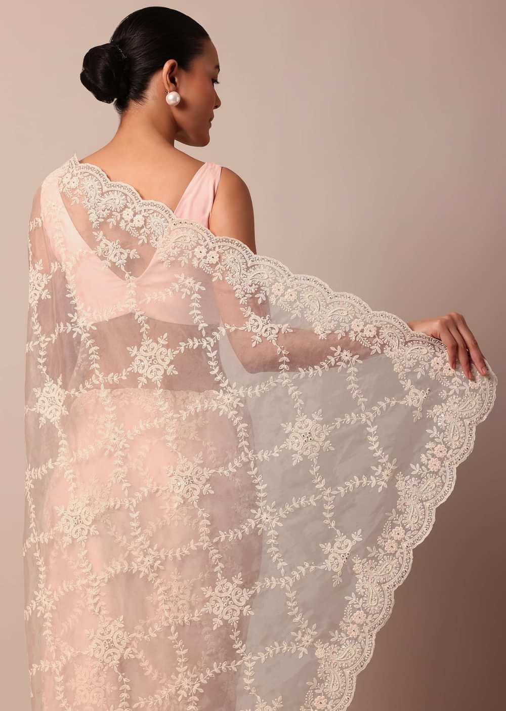 Baby Pink Chikankari Organza Silk Saree With Scallop Border And Unstitched Blouse Fabric