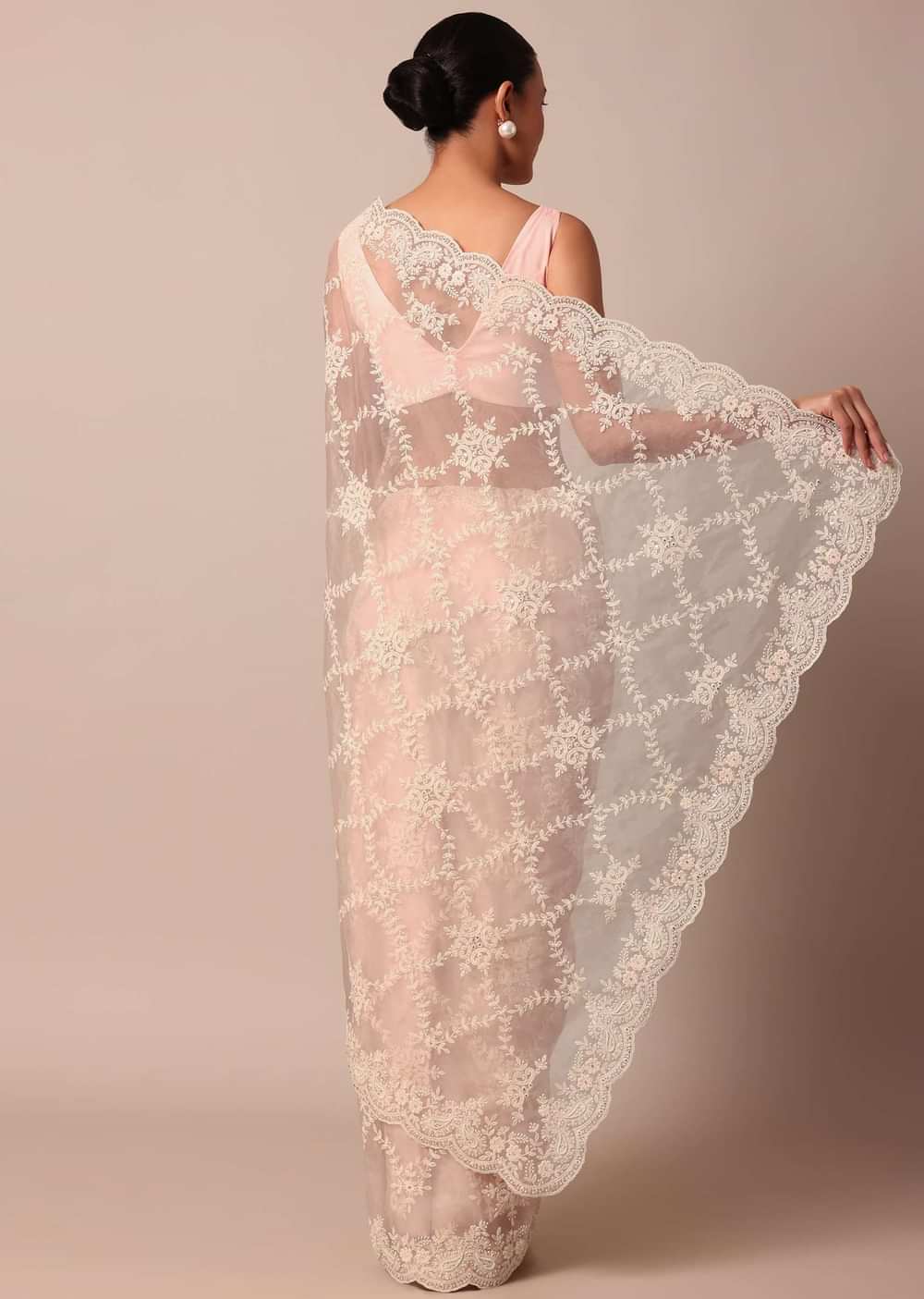 Baby Pink Chikankari Organza Silk Saree With Scallop Border And Unstitched Blouse Fabric