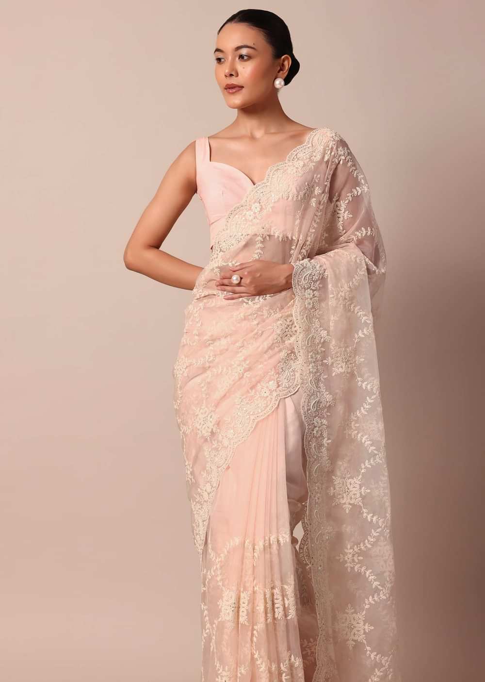 Baby Pink Chikankari Organza Silk Saree With Scallop Border And Unstitched Blouse Fabric