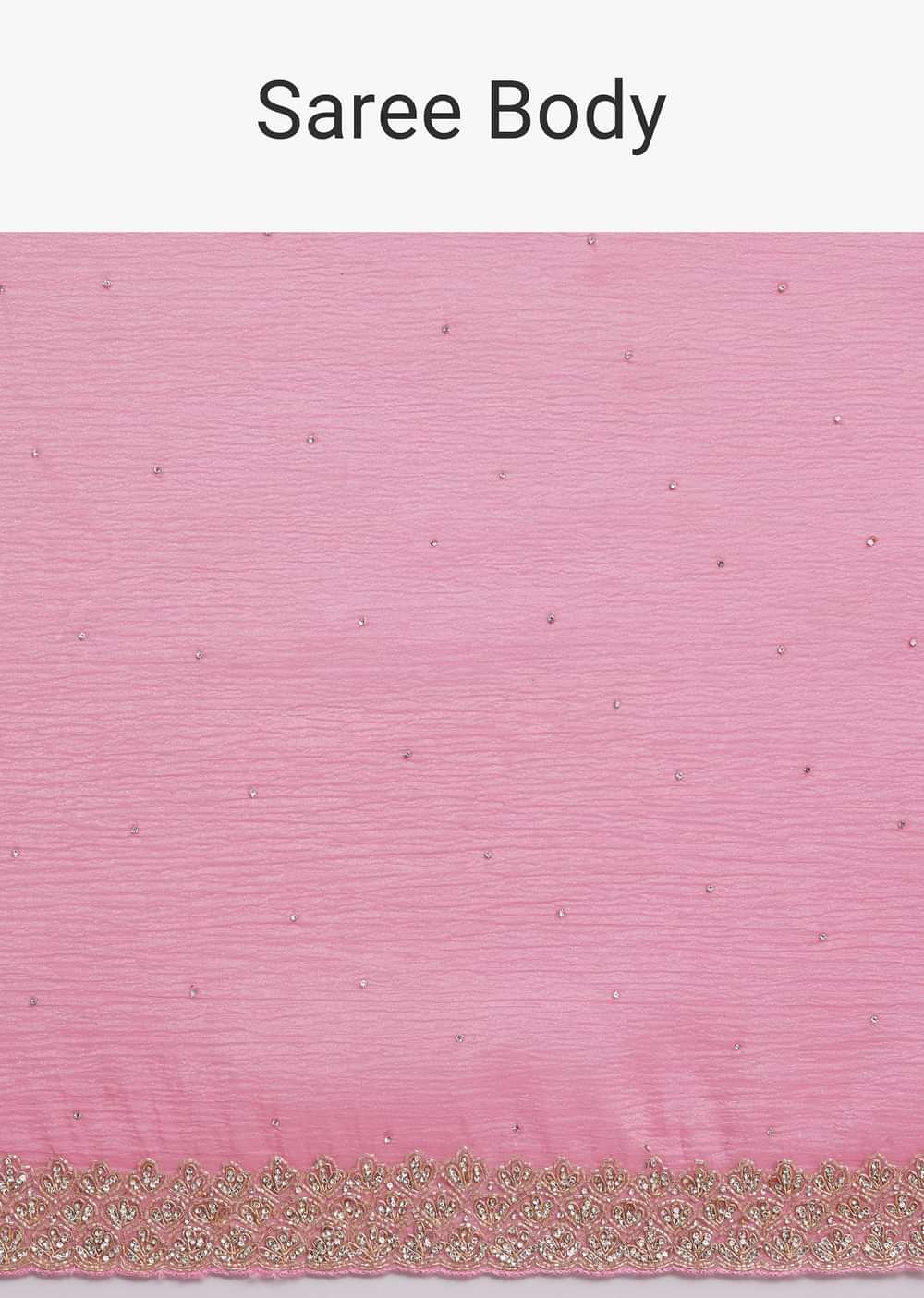 Baby Pink Crushed Tissue Saree With Embellished Border