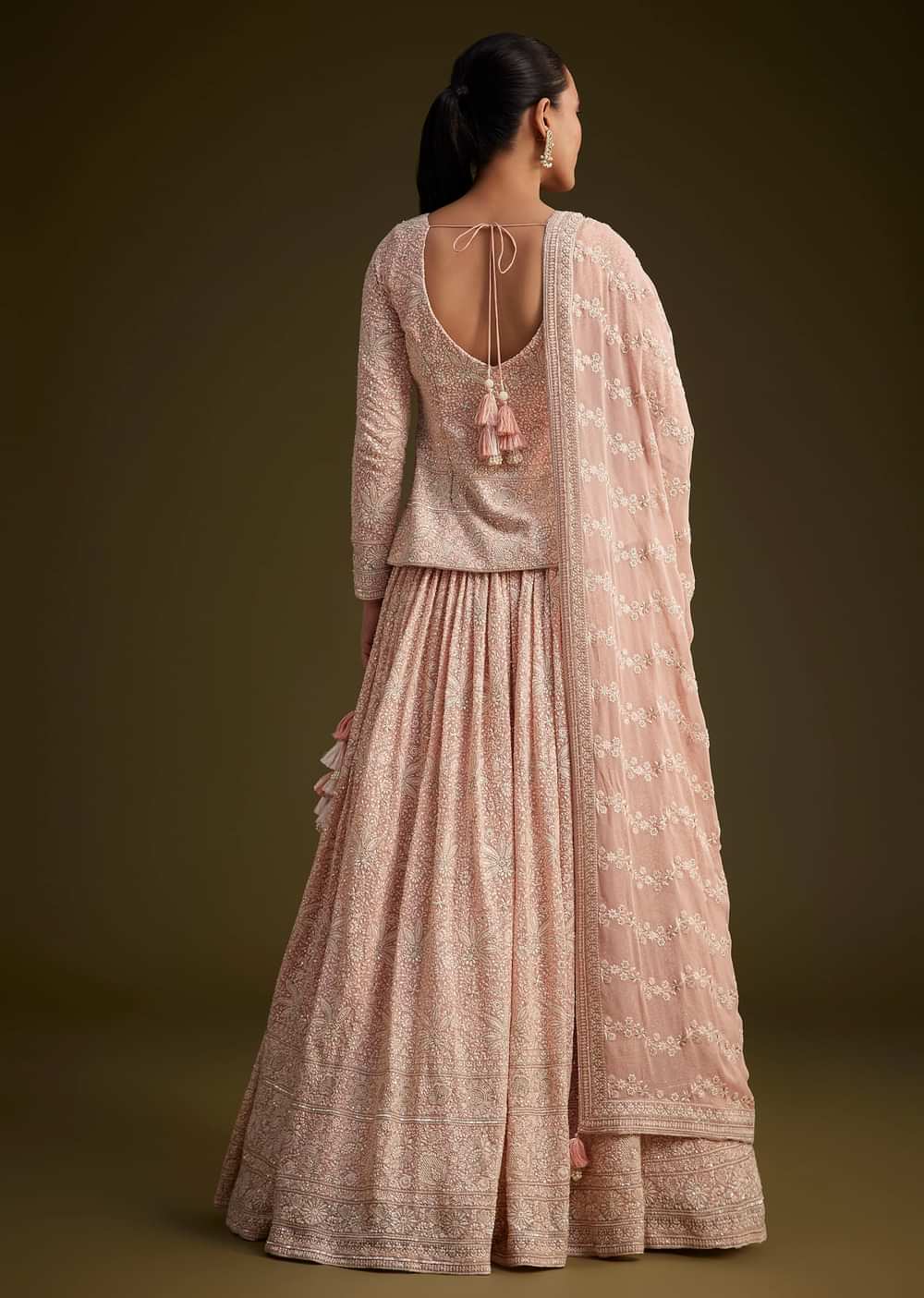 Baby Pink Georgette Lehenga Set With Lucknowi And Mirror Work