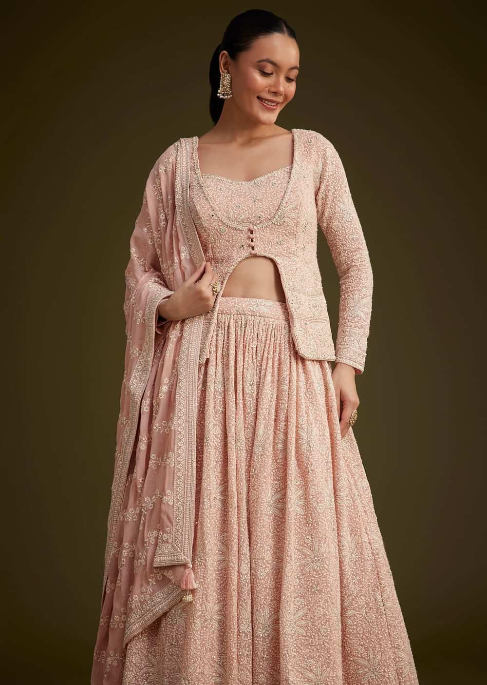 Baby Pink Georgette Lehenga Set With Lucknowi And Mirror Work