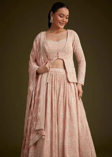 Baby Pink Georgette Lehenga Set With Lucknowi And Mirror Work