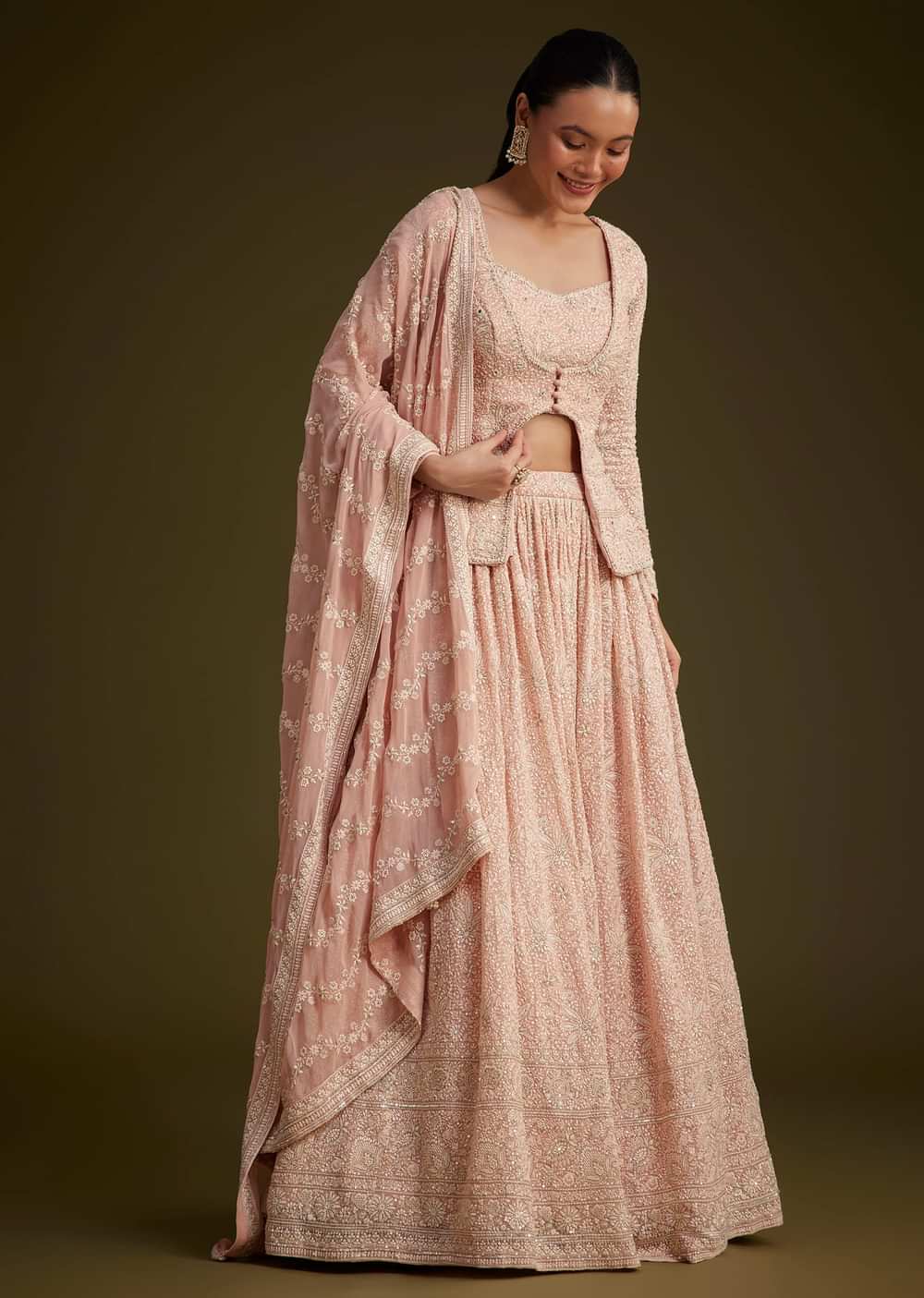 Baby Pink Georgette Lehenga Set With Lucknowi And Mirror Work