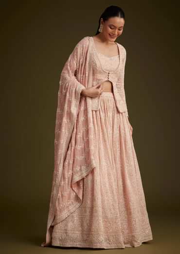 Baby Pink Georgette Lehenga Set With Lucknowi And Mirror Work