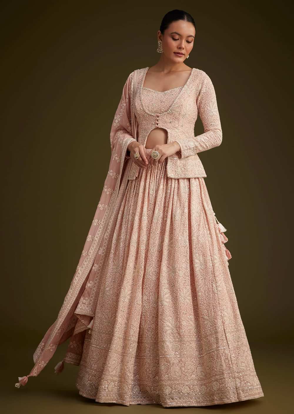 Baby Pink Georgette Lehenga Set With Lucknowi And Mirror Work