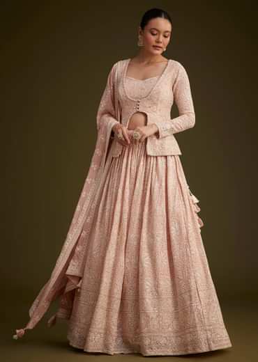 Baby Pink Georgette Lehenga Set With Lucknowi And Mirror Work