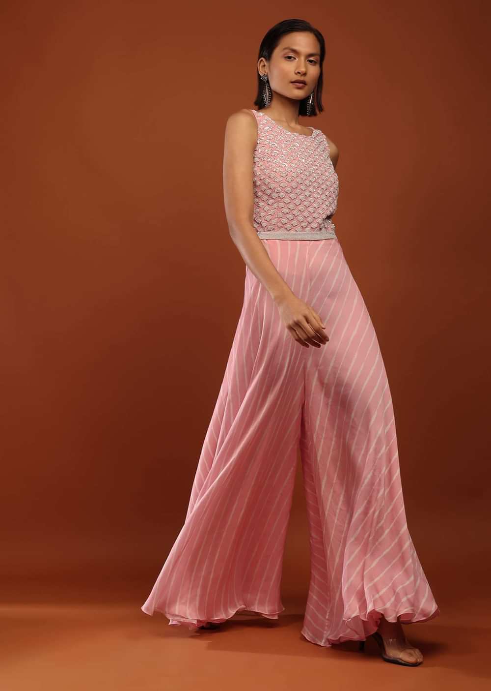 Baby Pink Jumpsuit In Satin With Lehariya Print And Moti Embroidery