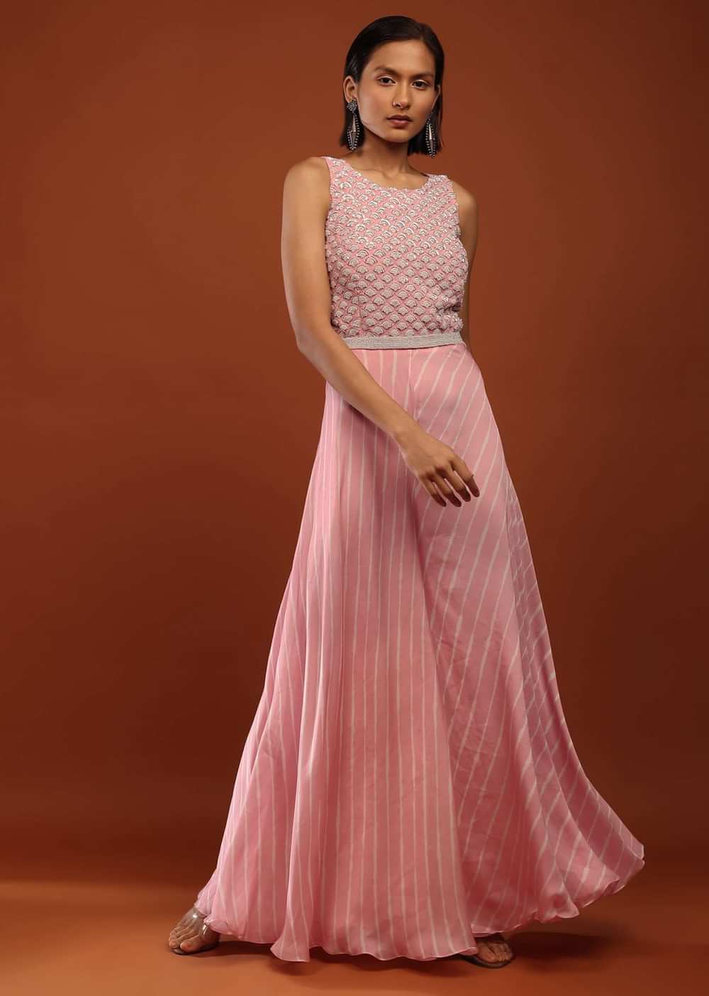 Baby Pink Jumpsuit In Satin With Lehariya Print And Moti Embroidery
