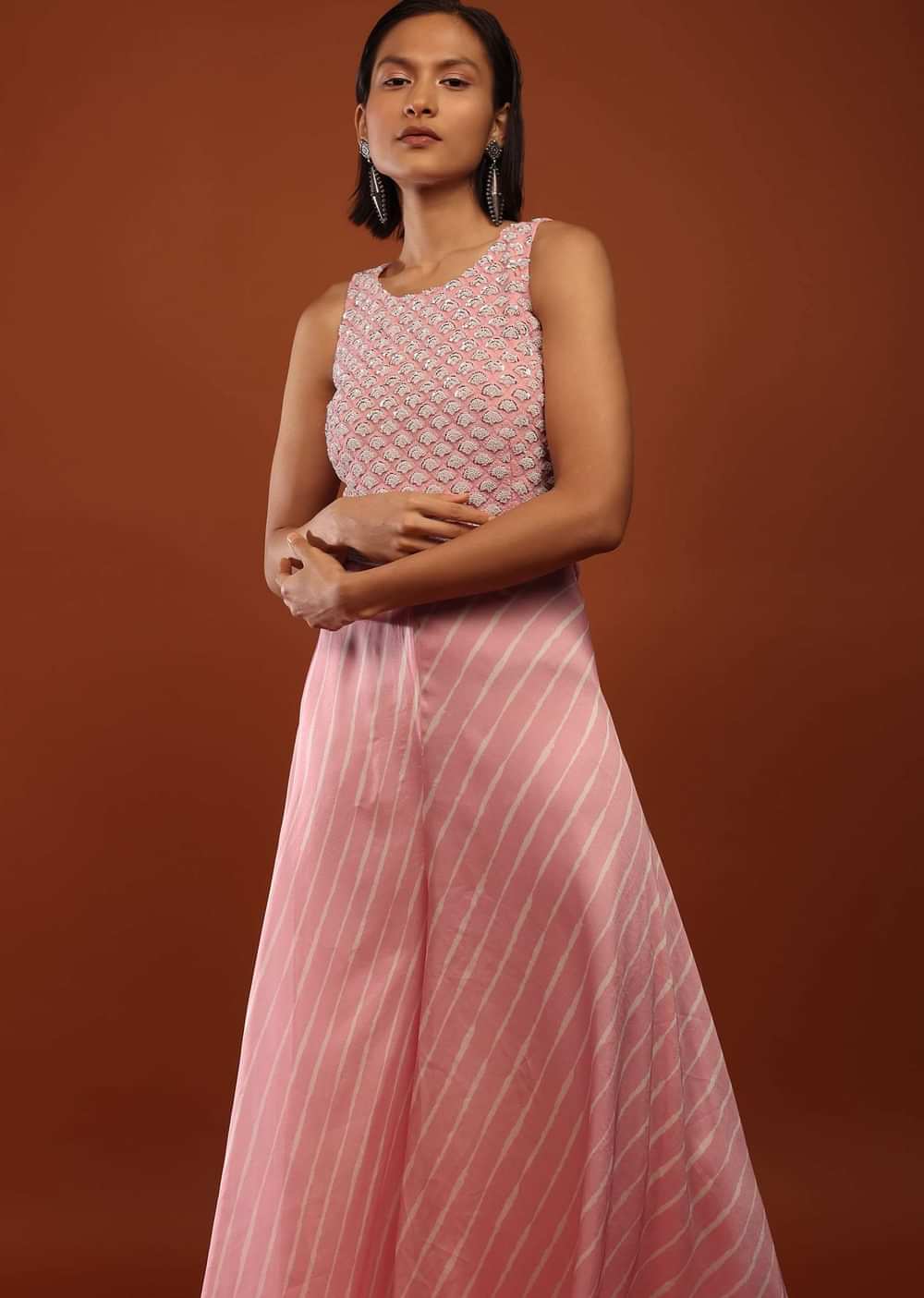 Baby Pink Jumpsuit In Satin With Lehariya Print And Moti Embroidery
