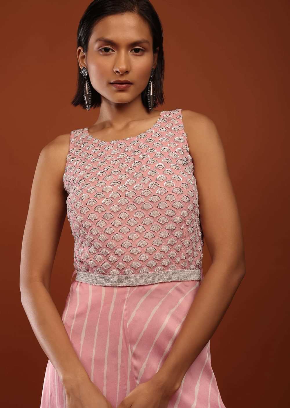 Baby Pink Jumpsuit In Satin With Lehariya Print And Moti Embroidery