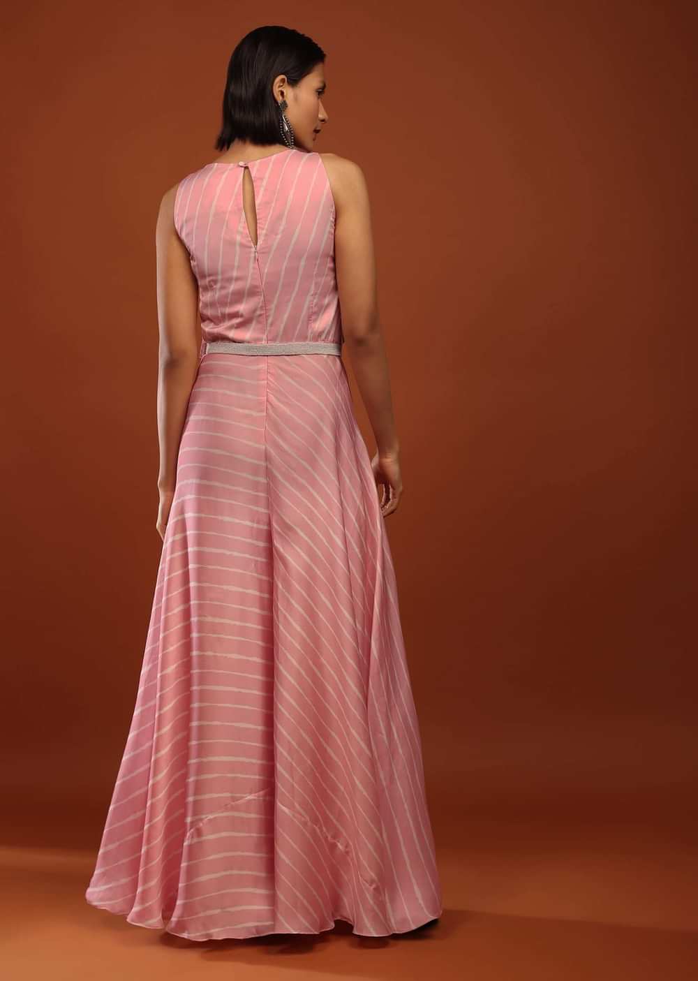 Baby Pink Jumpsuit In Satin With Lehariya Print And Moti Embroidery