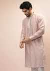 Baby Pink Kurta Set In Silk With Thread Embroidered Geometric Jaal And Mirror Buttis