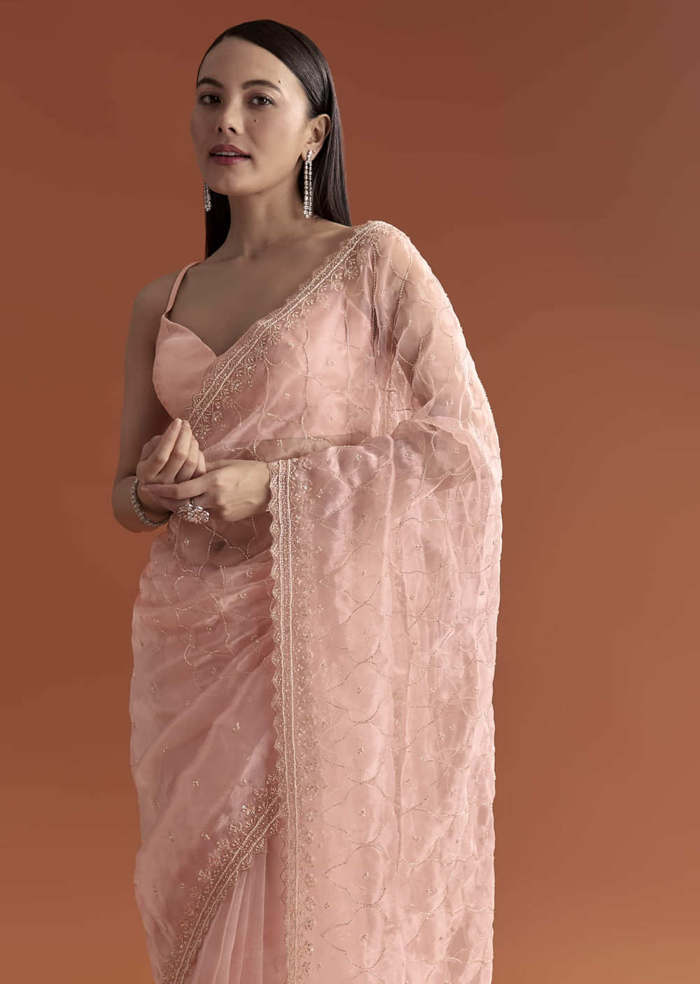 Baby Pink Organza Embroidered Saree With Jaal Work