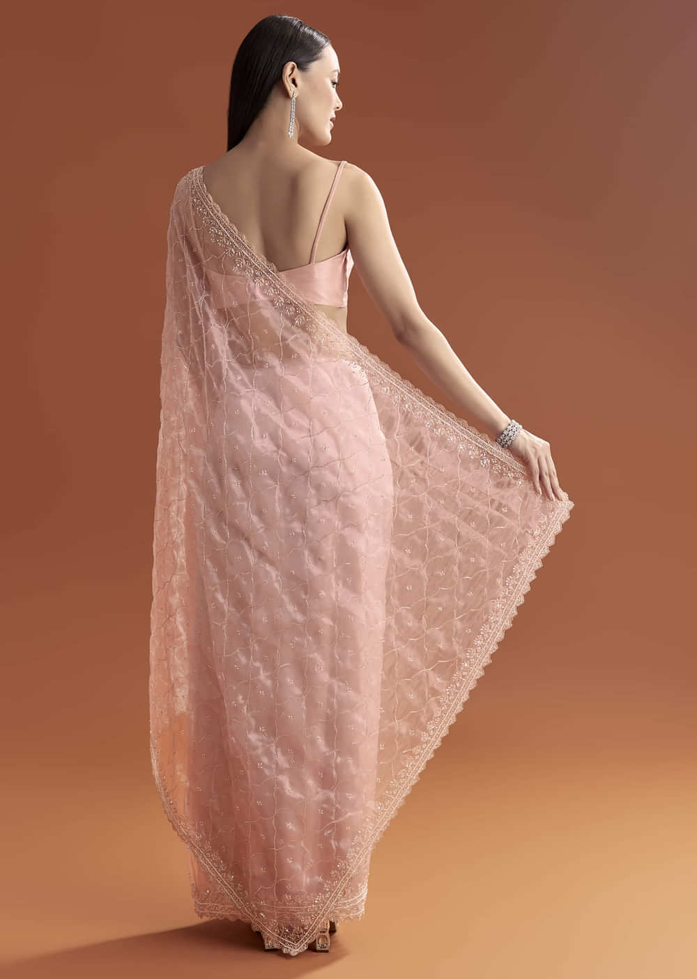 Baby Pink Organza Embroidered Saree With Jaal Work