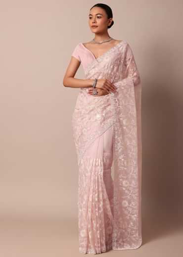 Baby Pink Organza Silk Saree With Scallop Border And Unstitched Blouse Fabric