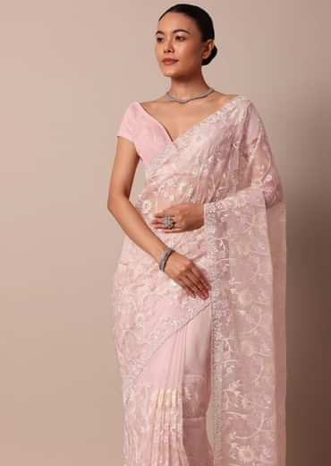 Baby Pink Organza Silk Saree With Scallop Border And Unstitched Blouse Fabric
