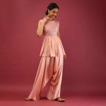 Baby Pink Peplum Kurta And Cowl Dhoti Suit Set With Mirror Abla Embroidery