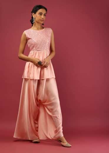 Baby Pink Peplum Kurta And Cowl Dhoti Suit Set With Mirror Abla Embroidery