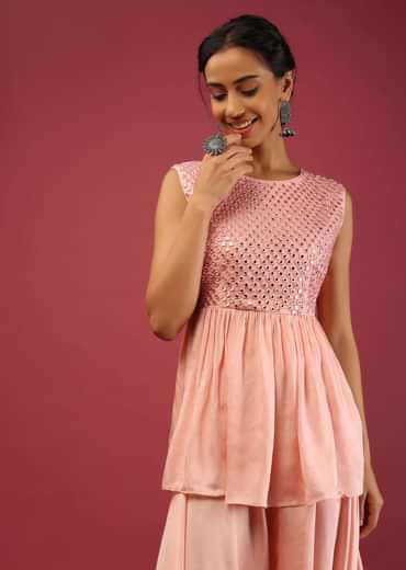 Baby Pink Peplum Kurta And Cowl Dhoti Suit Set With Mirror Abla Embroidery
