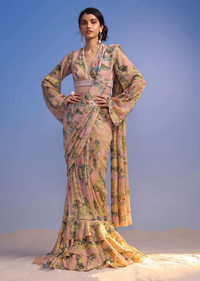 Baby Pink Ready-To-Wear Tiered Ruffle Saree With Floral Print
