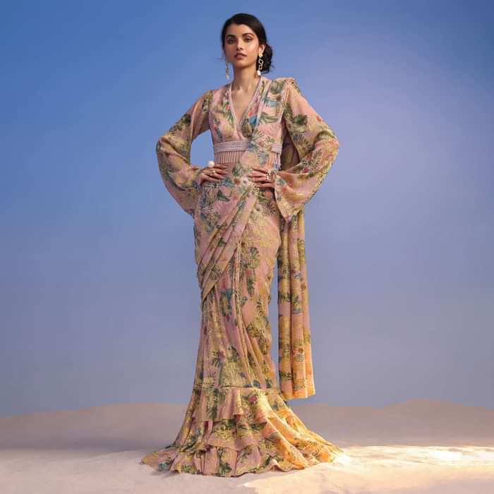 Baby Pink Ready-To-Wear Tiered Ruffle Saree With Floral Print