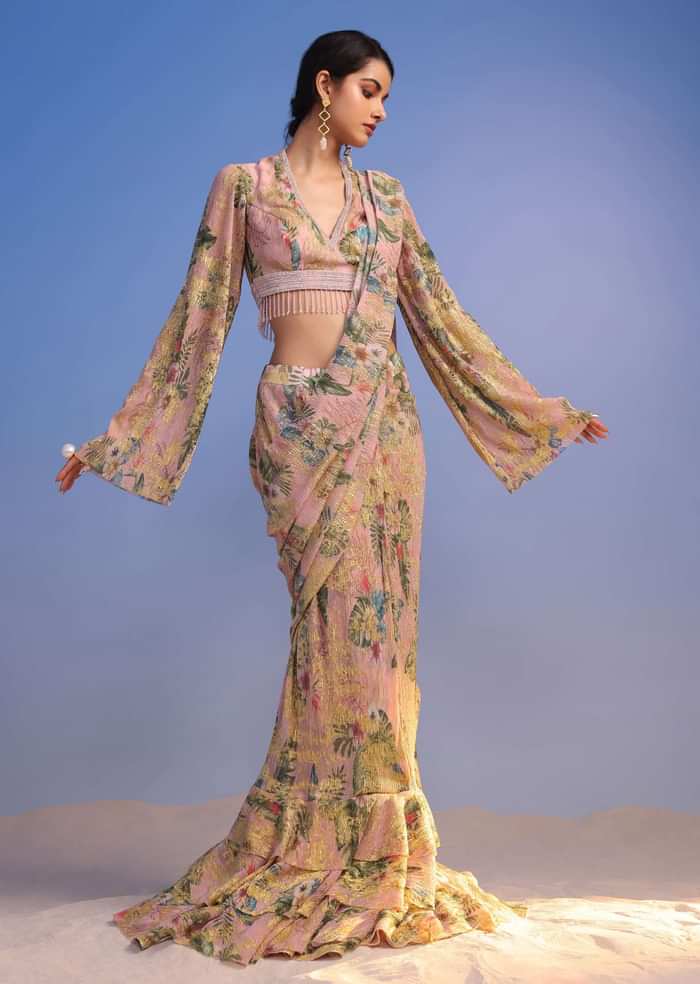 Baby Pink Ready-To-Wear Tiered Ruffle Saree With Floral Print