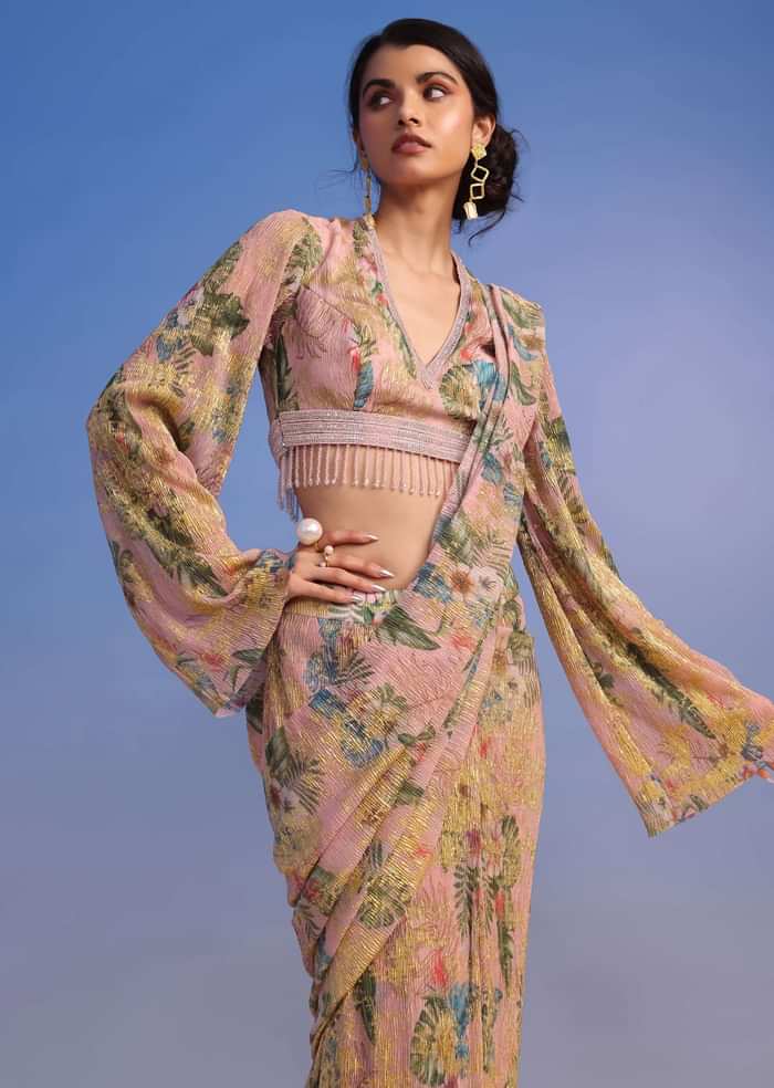 Baby Pink Ready-To-Wear Tiered Ruffle Saree With Floral Print