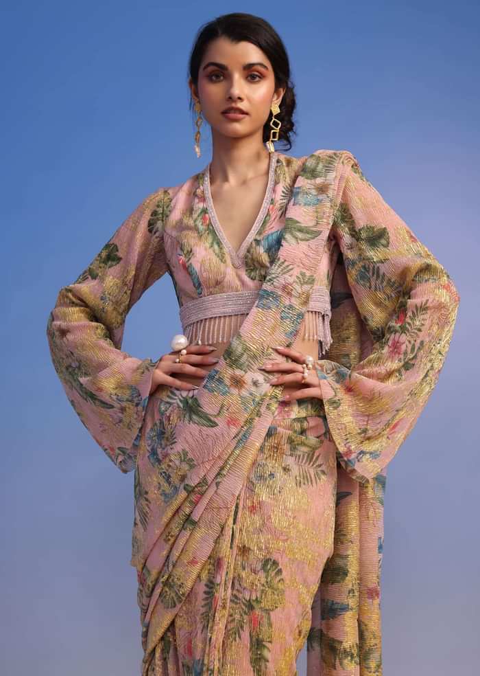 Baby Pink Ready-To-Wear Tiered Ruffle Saree With Floral Print