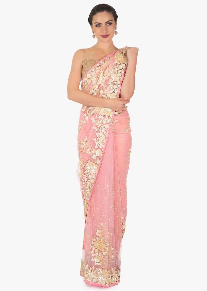Baby pink saree in net with white sequin and resham embroidery only on Kalki