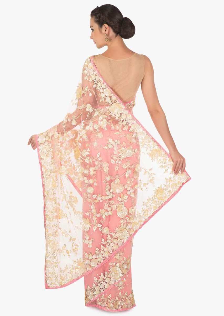 Baby pink saree in net with white sequin and resham embroidery only on Kalki