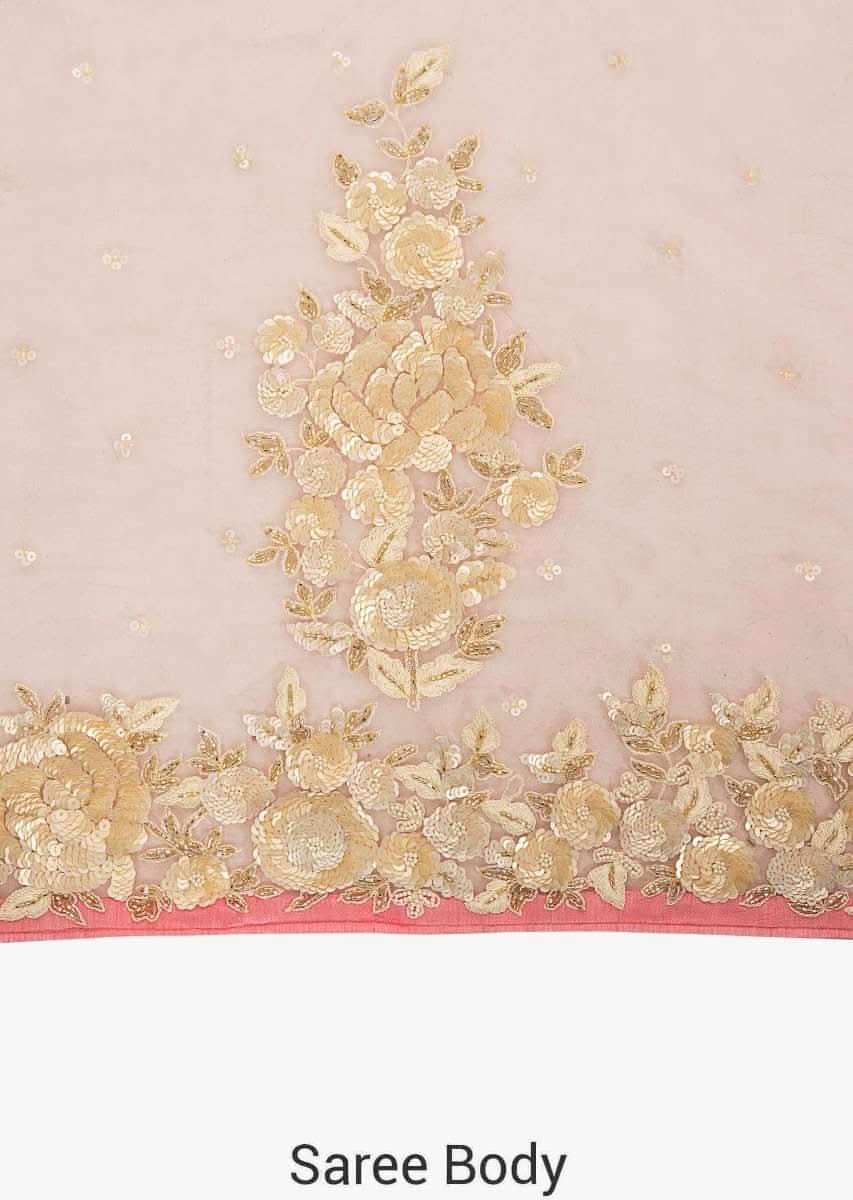 Baby pink saree in net with white sequin and resham embroidery only on Kalki