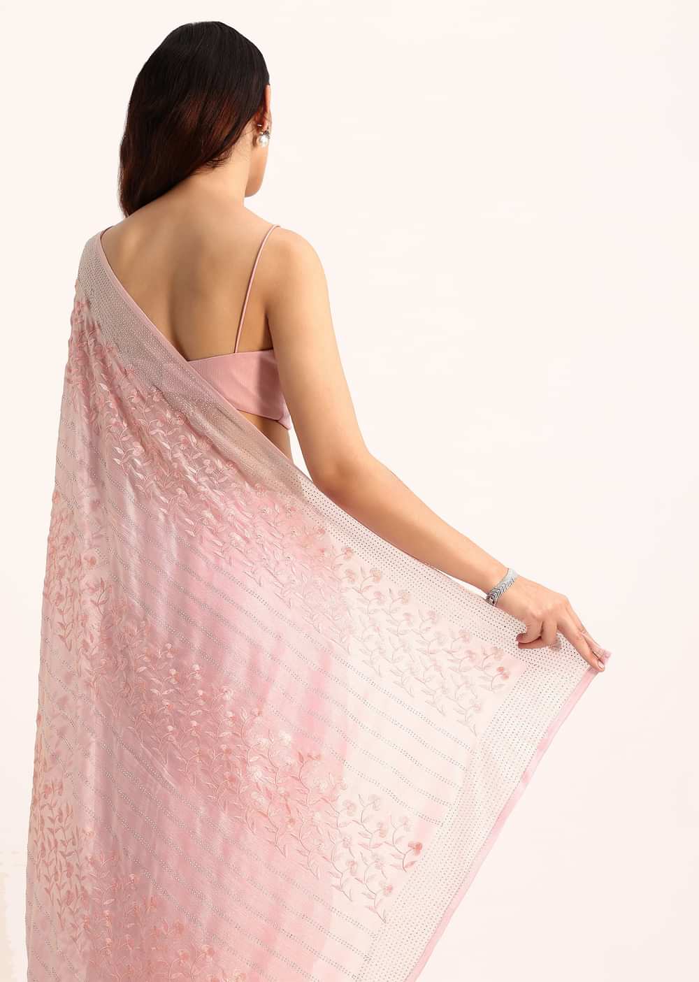 Baby Pink Satin Saree With Thread And Stone Embroidery And Unstitched Blouse