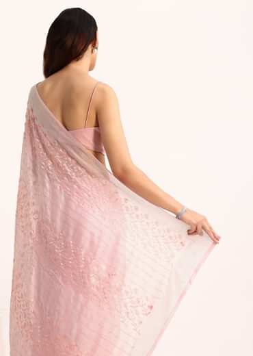 Baby Pink Satin Saree With Thread And Stone Embroidery And Unstitched Blouse