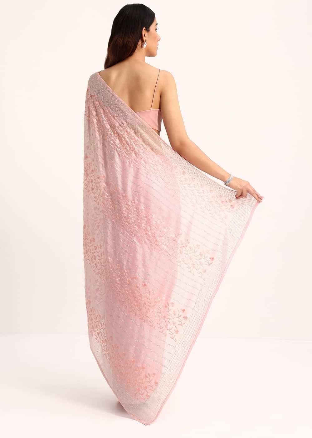 Baby Pink Satin Saree With Thread And Stone Embroidery And Unstitched Blouse