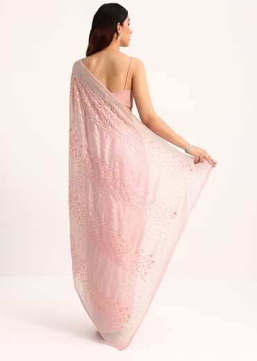 Baby Pink Satin Saree With Thread And Stone Embroidery And Unstitched Blouse