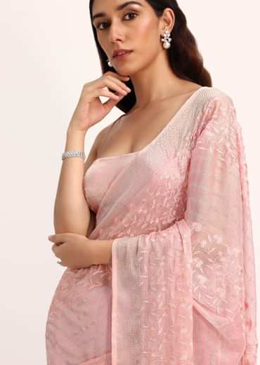 Baby Pink Satin Saree With Thread And Stone Embroidery And Unstitched Blouse