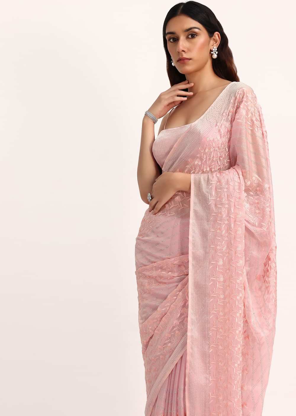 Baby Pink Satin Saree With Thread And Stone Embroidery And Unstitched Blouse