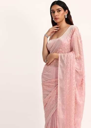 Baby Pink Satin Saree With Thread And Stone Embroidery And Unstitched Blouse