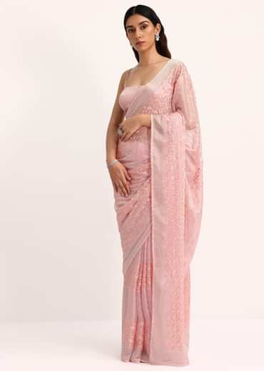 Baby Pink Satin Saree With Thread And Stone Embroidery And Unstitched Blouse