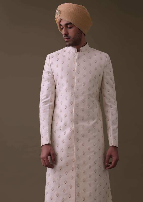 Baby Pink Sherwani Set In Silk With Moti And Sequins Work
