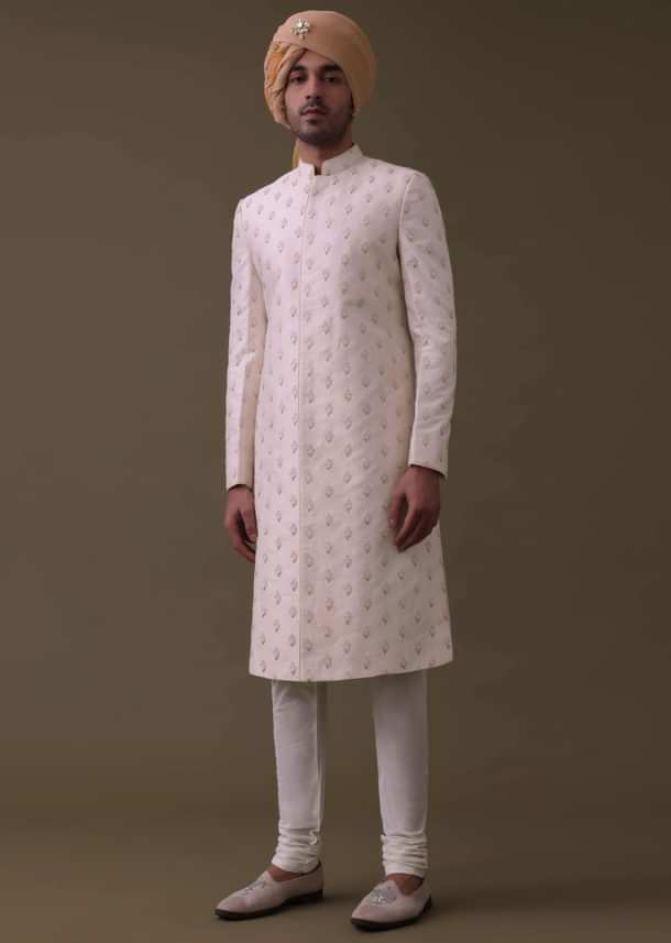 Baby Pink Sherwani Set In Silk With Moti And Sequins Work