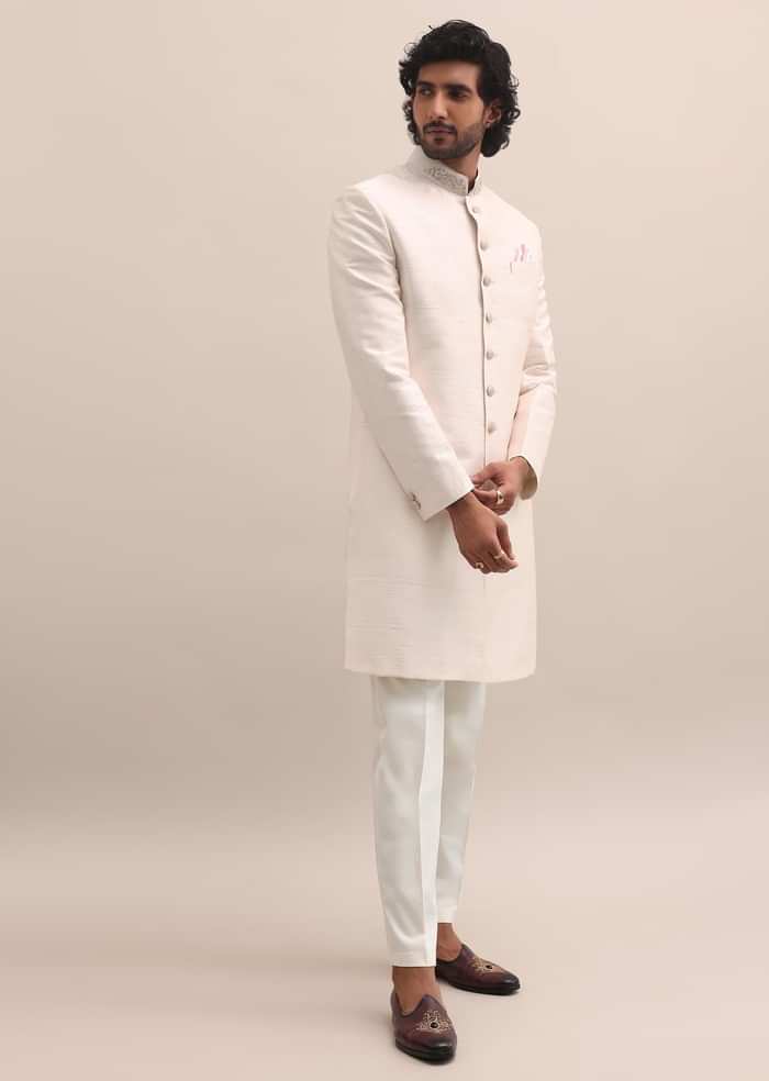 Baby Pink Sherwani With Cutdana Embroidered Collar For Men