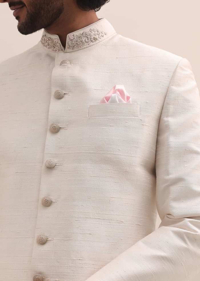 Baby Pink Sherwani With Cutdana Embroidered Collar For Men