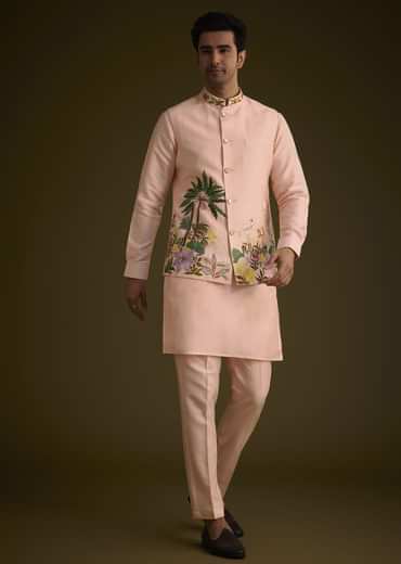 Baby Pink Silk Jacket Set With Nature Themed Patch Work