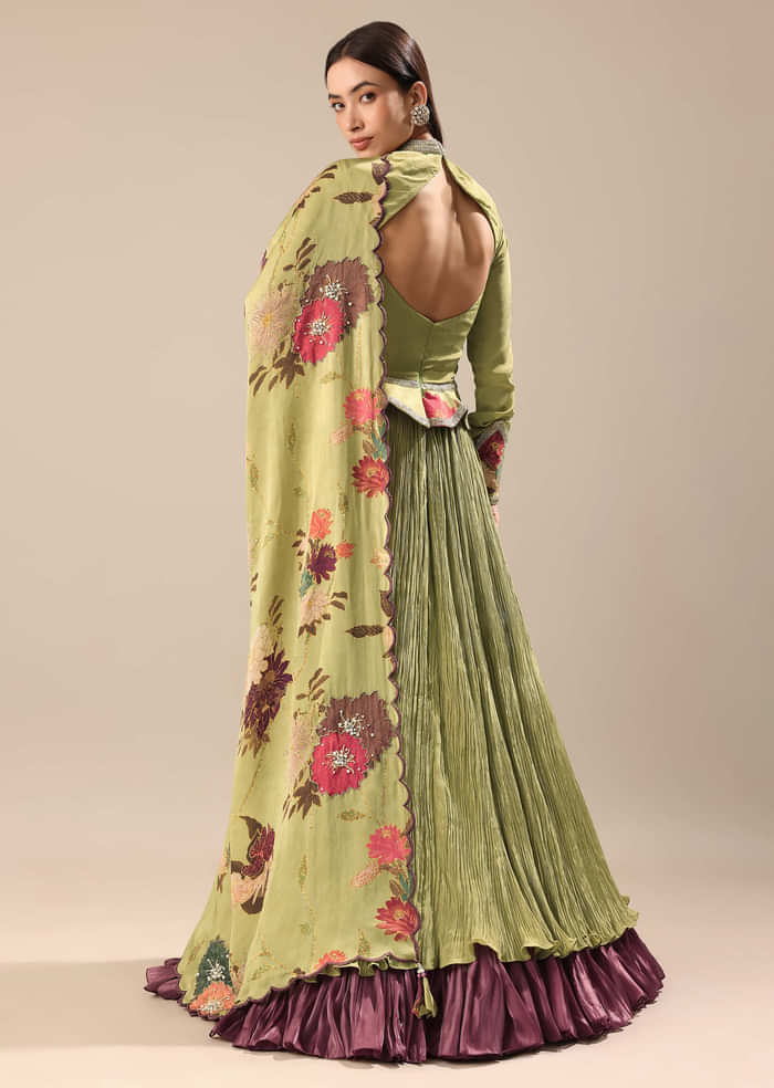 Bamboo Green Embroidered Anarkali Suit With Printed Dupatta
