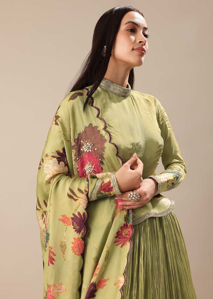 Bamboo Green Embroidered Anarkali Suit With Printed Dupatta