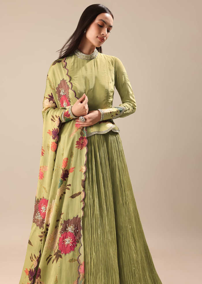 Bamboo Green Embroidered Anarkali Suit With Printed Dupatta